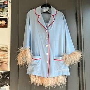 Blue matching Sleeper Pajama Set with pink ostrich feathers